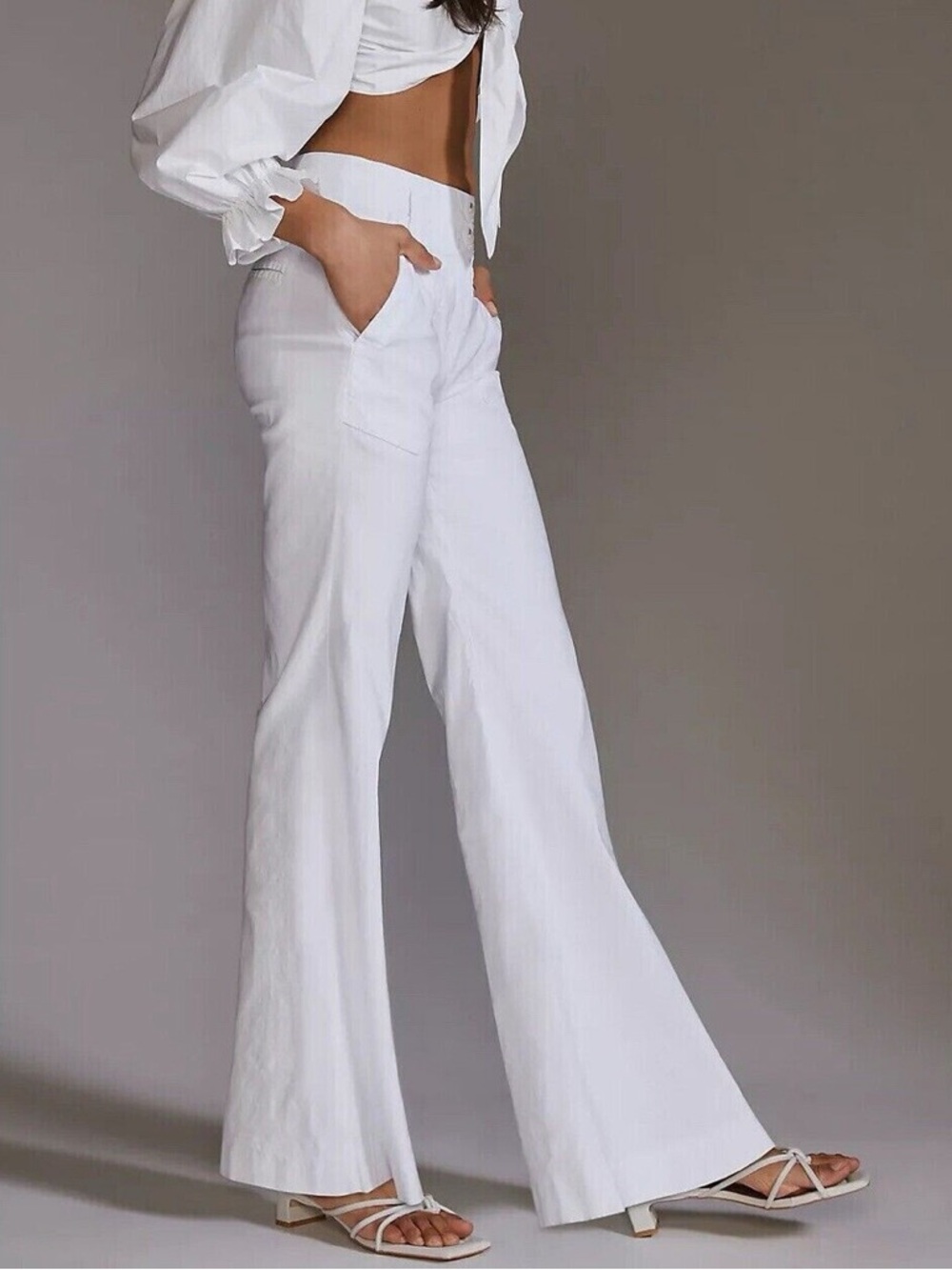 Anthropologie Maeve 10 The Naomi Linen High Rise Wide-Leg Flare Pants White - Picture 2 of 9